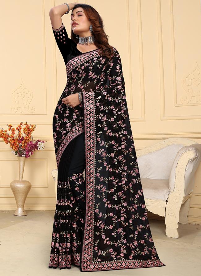 Georgette Black Traditional Wear Embroidery Work Saree